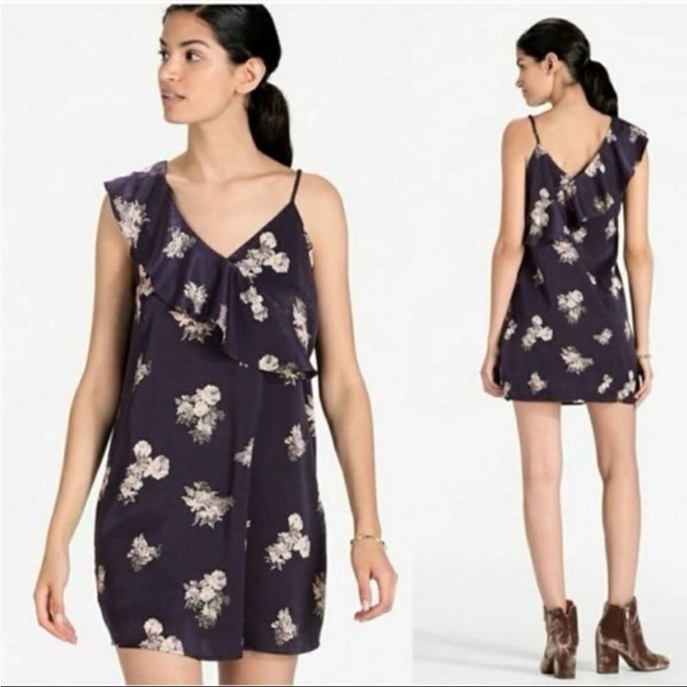 Lucky Brand Ruffled Asymmetric Satin Floral Mini Dress Navy Blue Size Medium